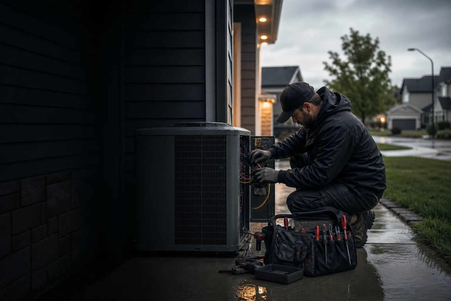 HVAC technician servicing an outdoor condenser beside a Midwest home