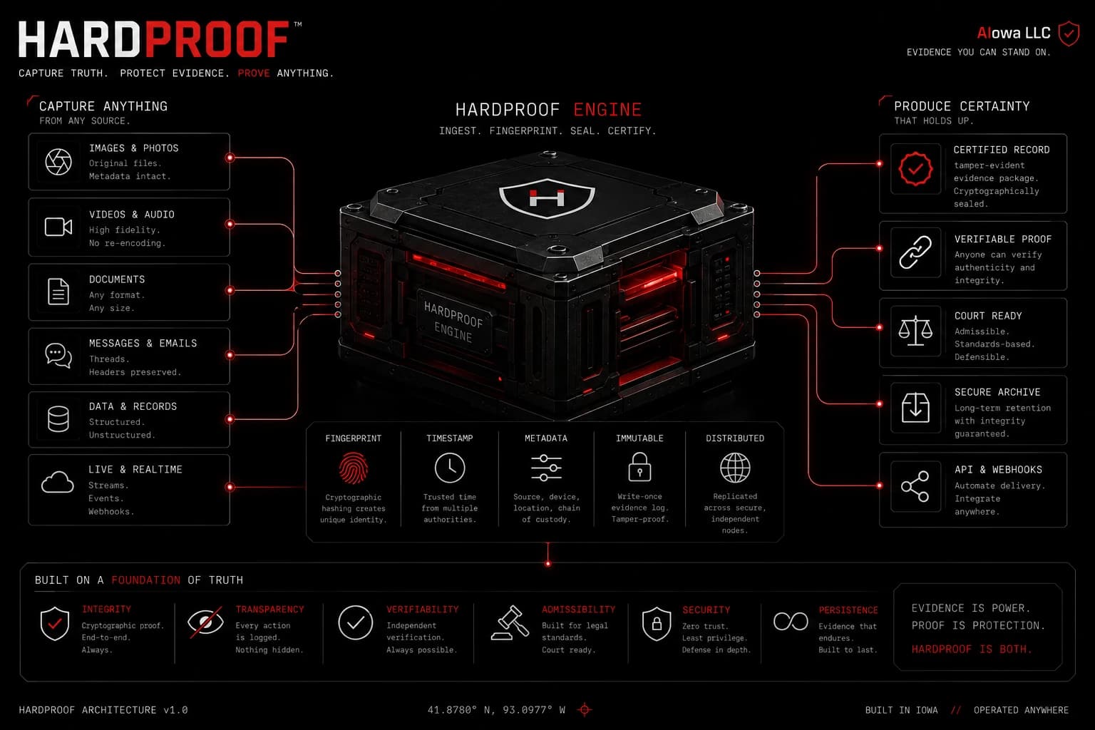 Hardproof evidence verification architecture showing capture, fingerprinting, timestamping, and certified proof