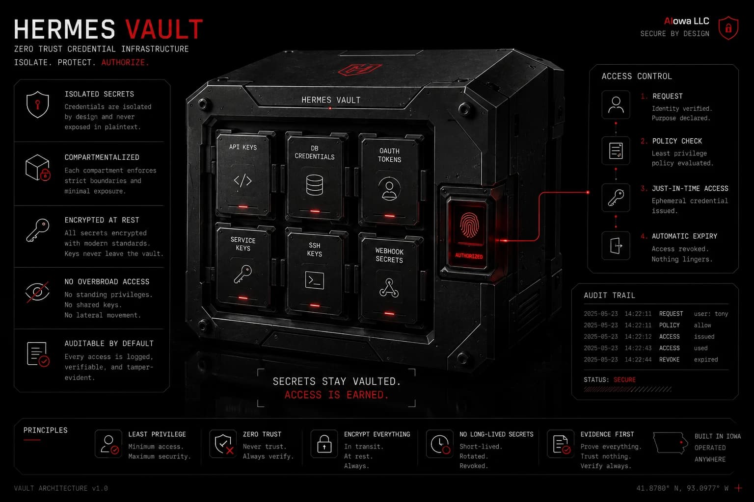 Hermes Vault architecture: zero-trust credential isolation with compartmentalized, encrypted secrets and audited access