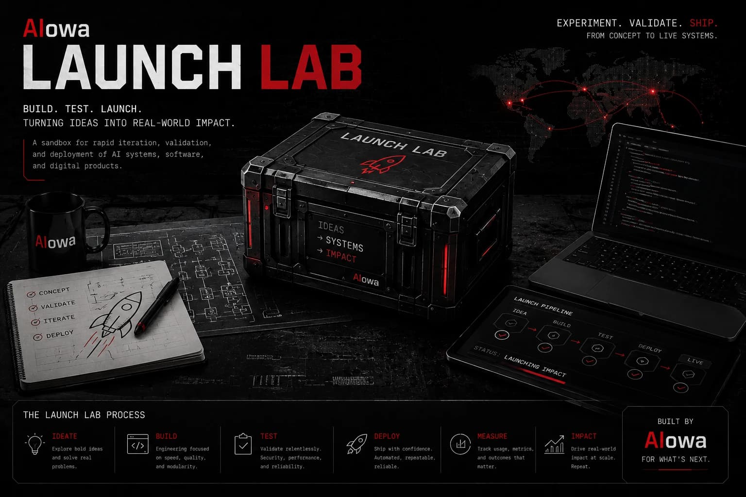 Hermes Launch Lab graphic showing the build, test, and launch pipeline turning ideas into real-world impact
