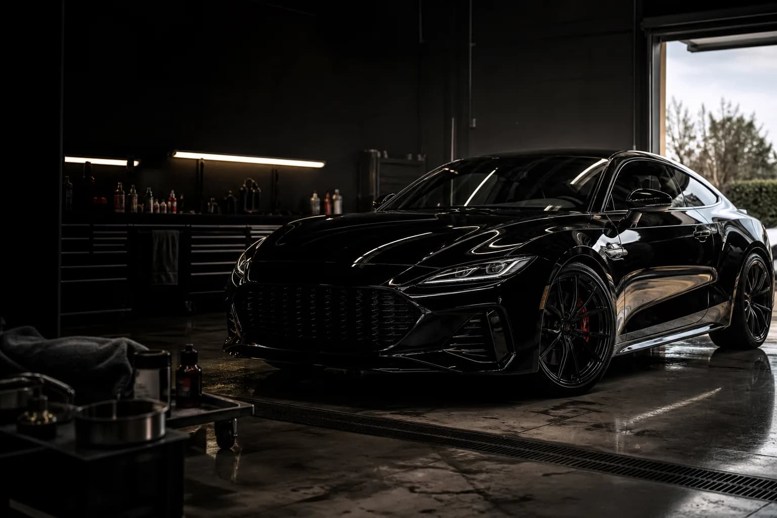 Black luxury performance coupe in a premium detailing studio