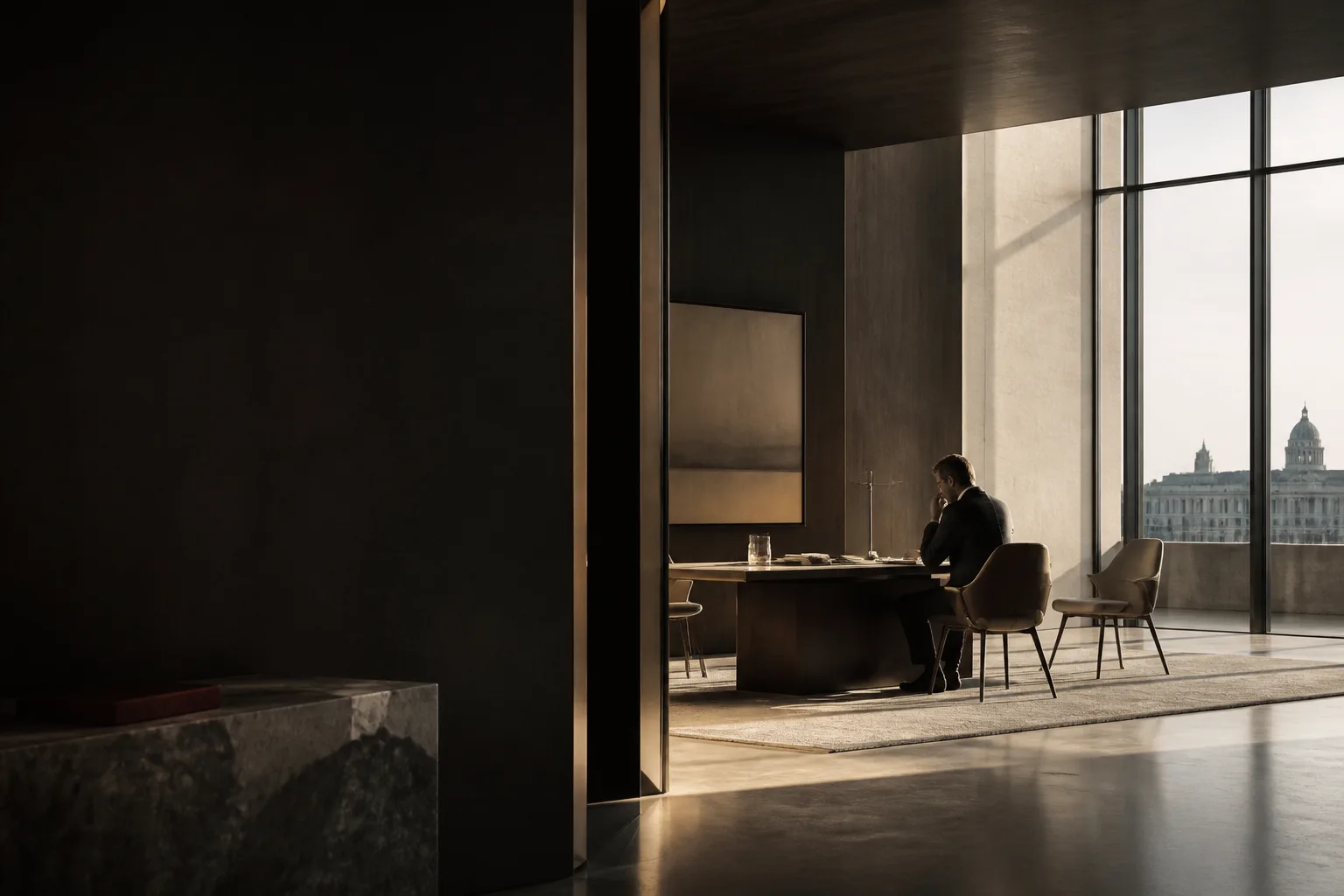 Refined professional workspace with dark walnut, stone, and architectural light